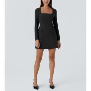 Halara Long Sleeve Square Neck Mini Cargo Work Dress Sz Small Black
